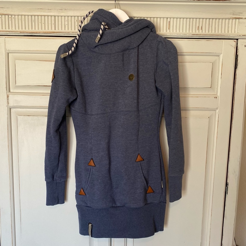 Naketano Blue Long Hoodie Extra Long Hooded Sweatshirt Sz Small Pull Over Cozy